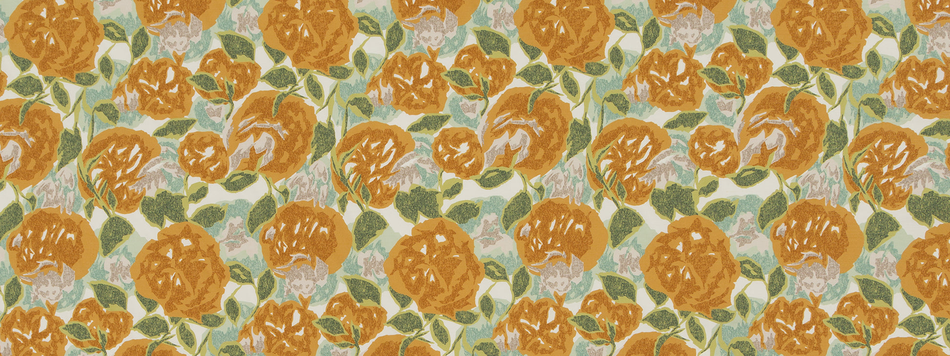 Orange rose floral pattern with green leaves on a light beige background; repeating garden print.
