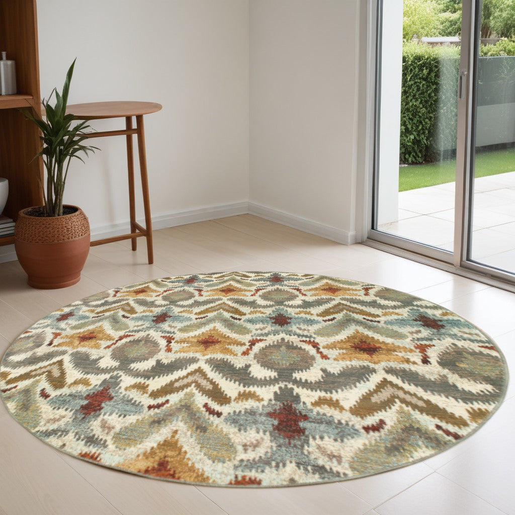 8' Gray and Ivory Abstract Power Loom Round Rug