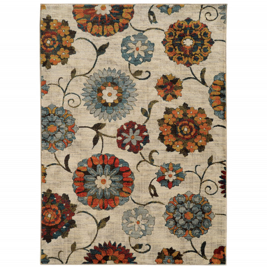 5' X 8' Ivory Blue Gold Green Orange Rust And Teal Floral Power Loom Stain Resistant Area Rug
