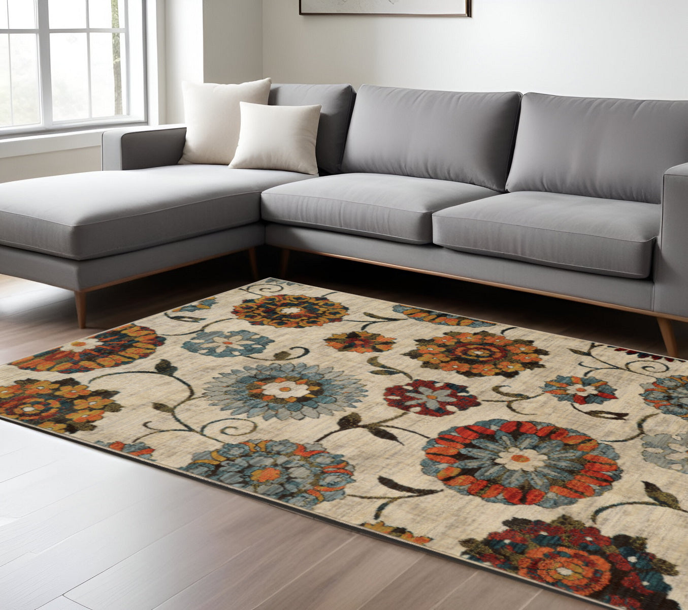 8' X 11' Ivory and Blue Floral Power Loom Area Rug