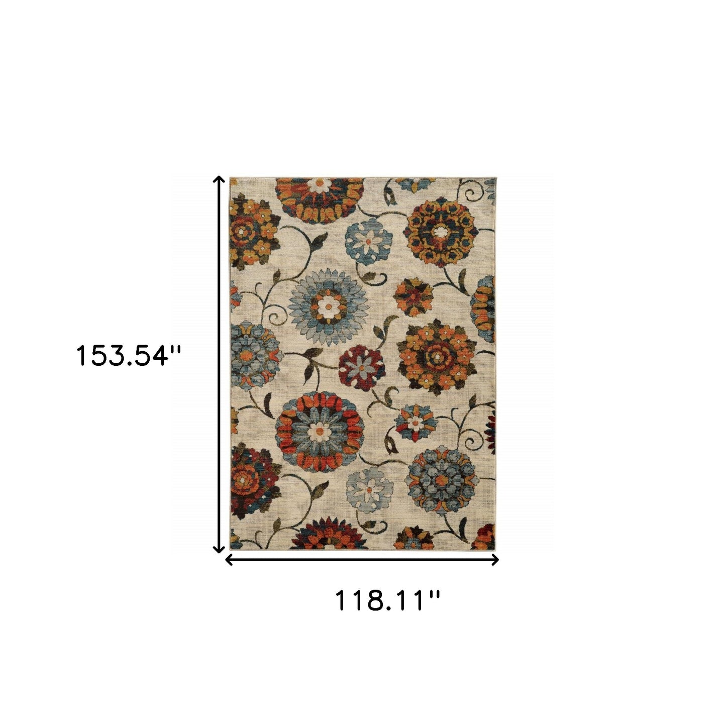 10' X 13' Ivory Blue Gold Green Orange Rust And Teal Floral Power Loom Stain Resistant Area Rug