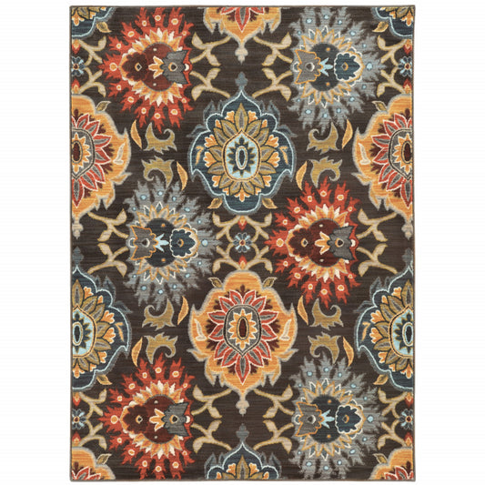 2' X 3' Brown Grey Rust Red Gold Teal And Blue Green Floral Power Loom Stain Resistant Area Rug