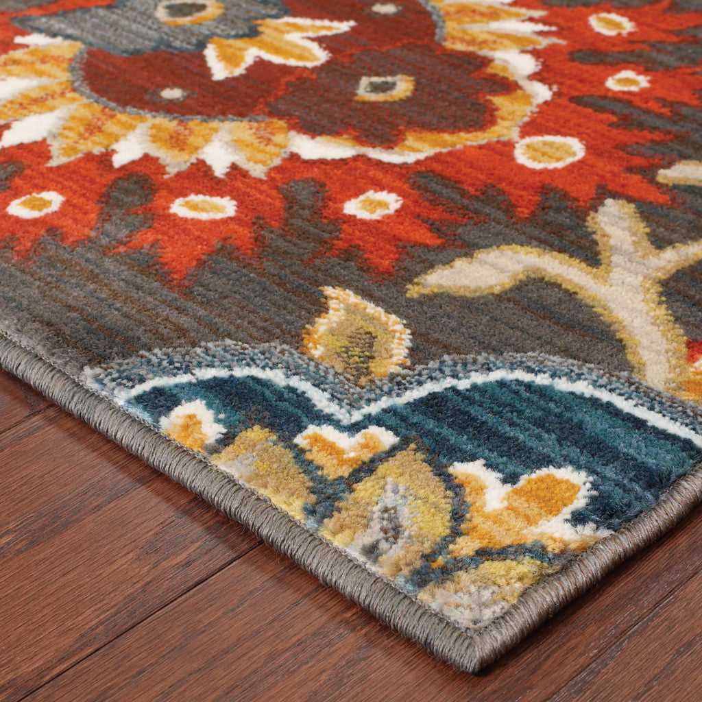 8' X 11' Brown Grey Rust Red Gold Teal And Blue Green Floral Power Loom Stain Resistant Area Rug