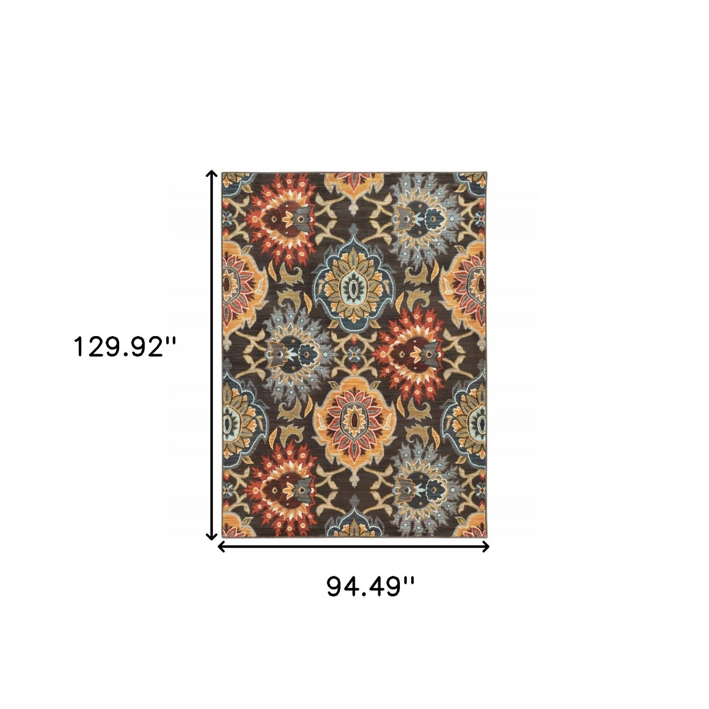 8' X 11' Brown Grey Rust Red Gold Teal And Blue Green Floral Power Loom Stain Resistant Area Rug