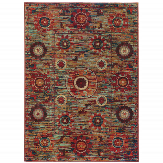 4' X 6' Red Gold Orange Green Ivory Rust And Blue Floral Power Loom Stain Resistant Area Rug