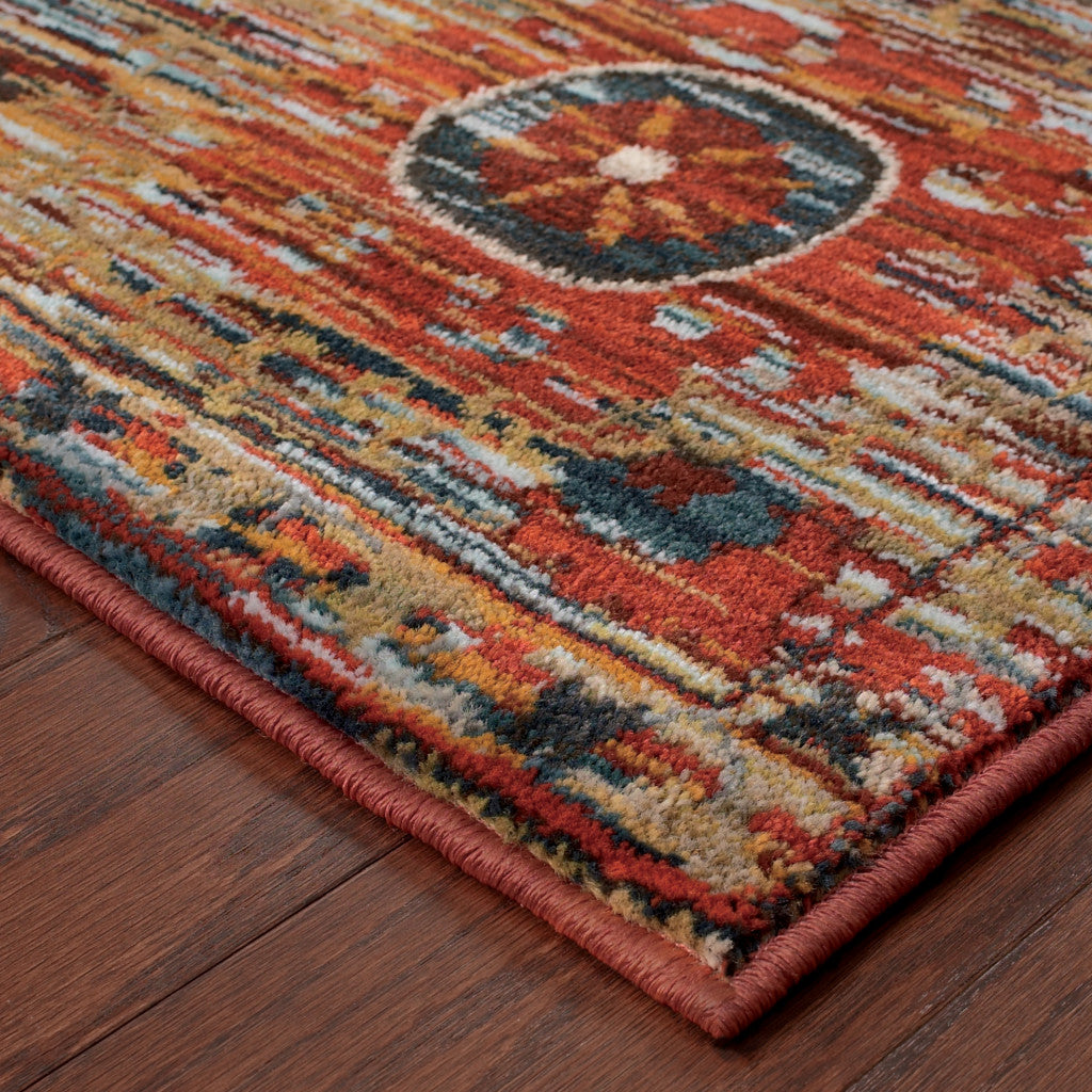 4' X 6' Red Gold Orange Green Ivory Rust And Blue Floral Power Loom Stain Resistant Area Rug