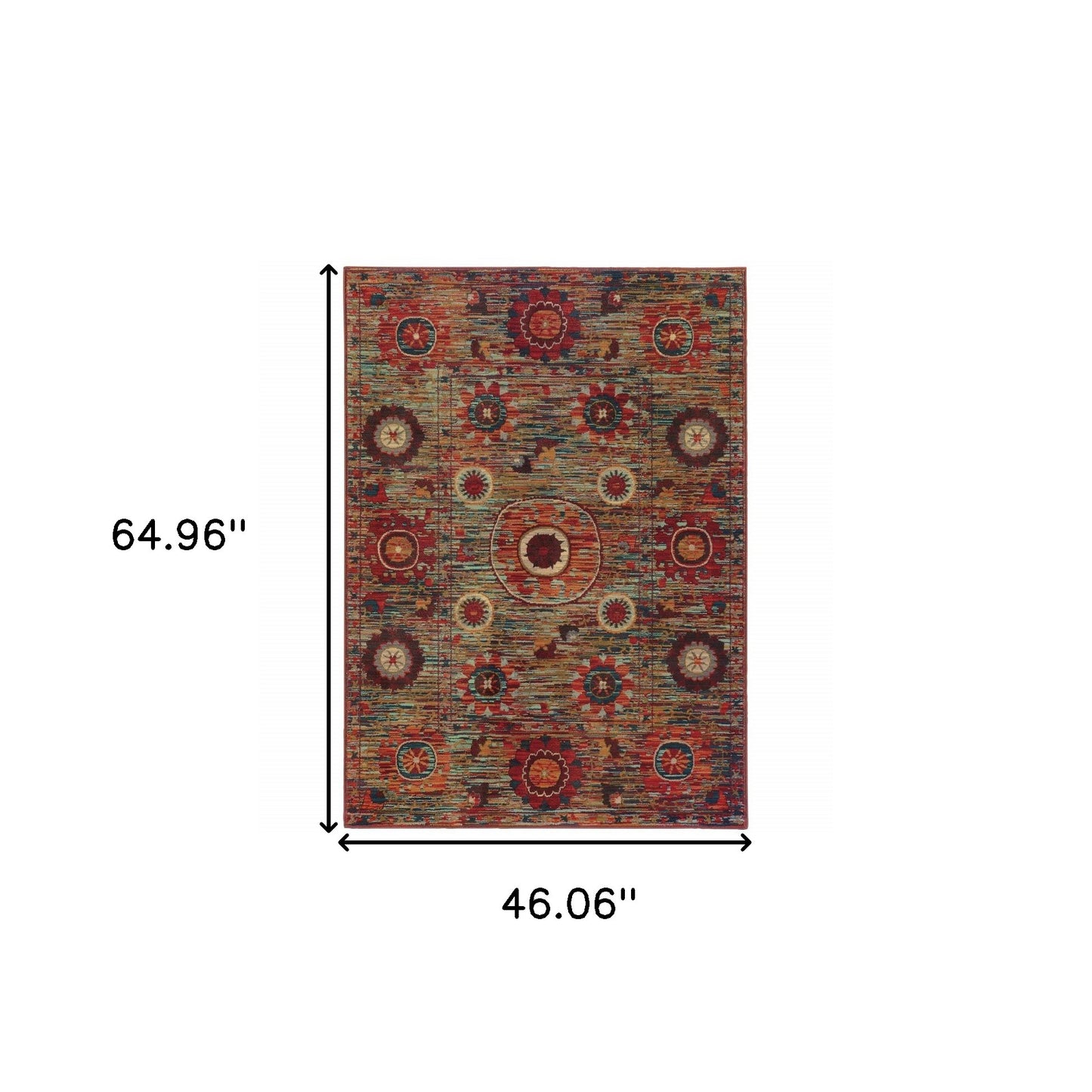 4' X 6' Red Gold Orange Green Ivory Rust And Blue Floral Power Loom Stain Resistant Area Rug