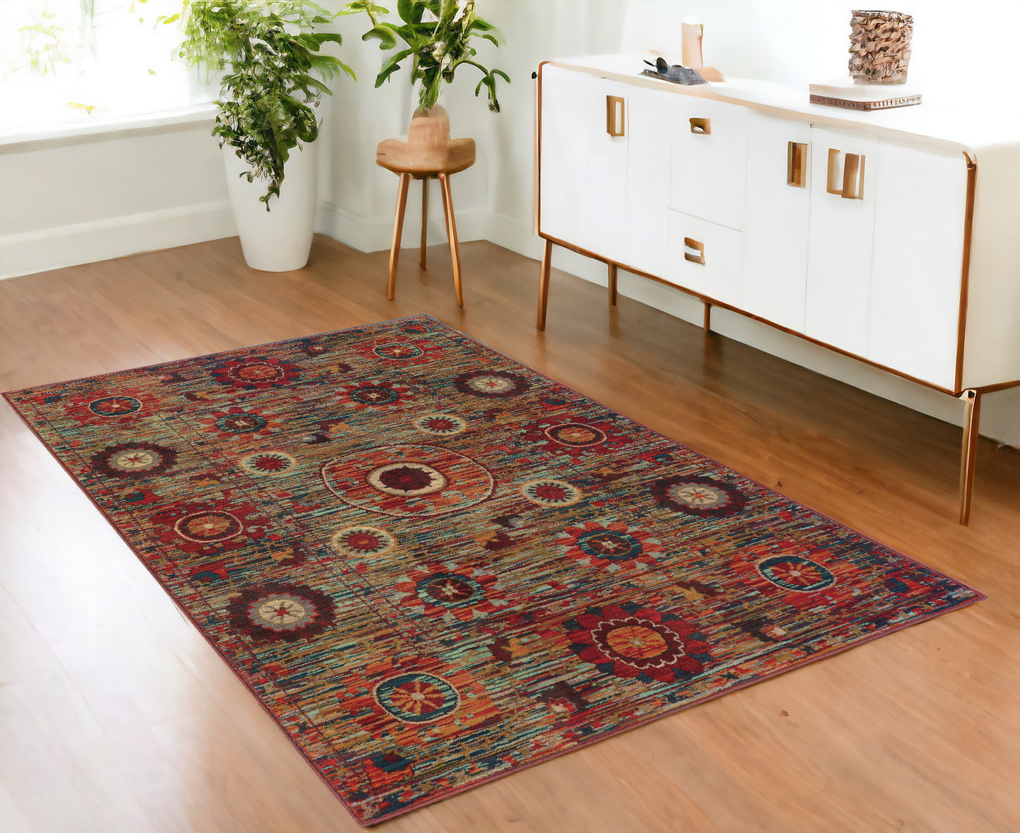 4' X 6' Red Gold Orange Green Ivory Rust And Blue Floral Power Loom Stain Resistant Area Rug