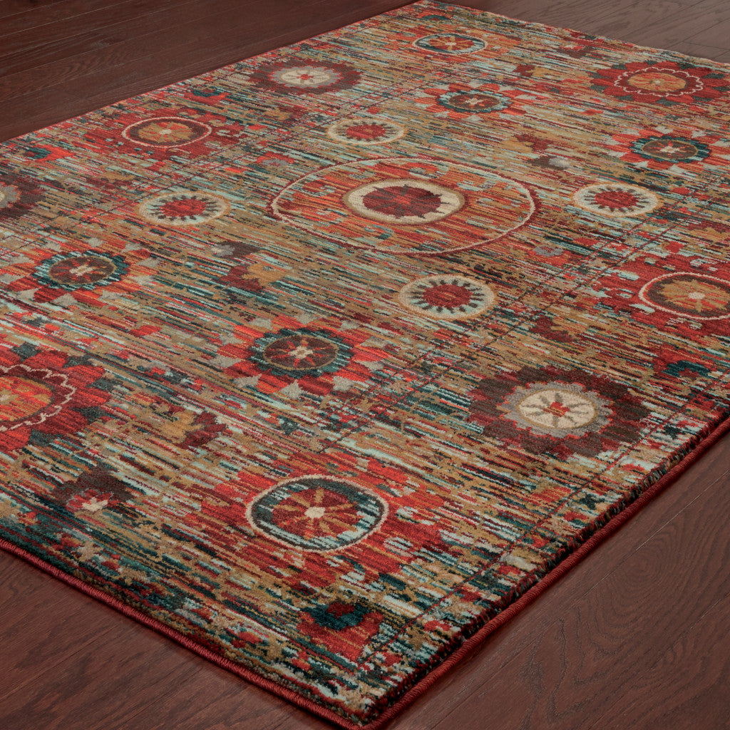 8' X 11' Red Gold Orange Green Ivory Rust And Blue Floral Power Loom Stain Resistant Area Rug