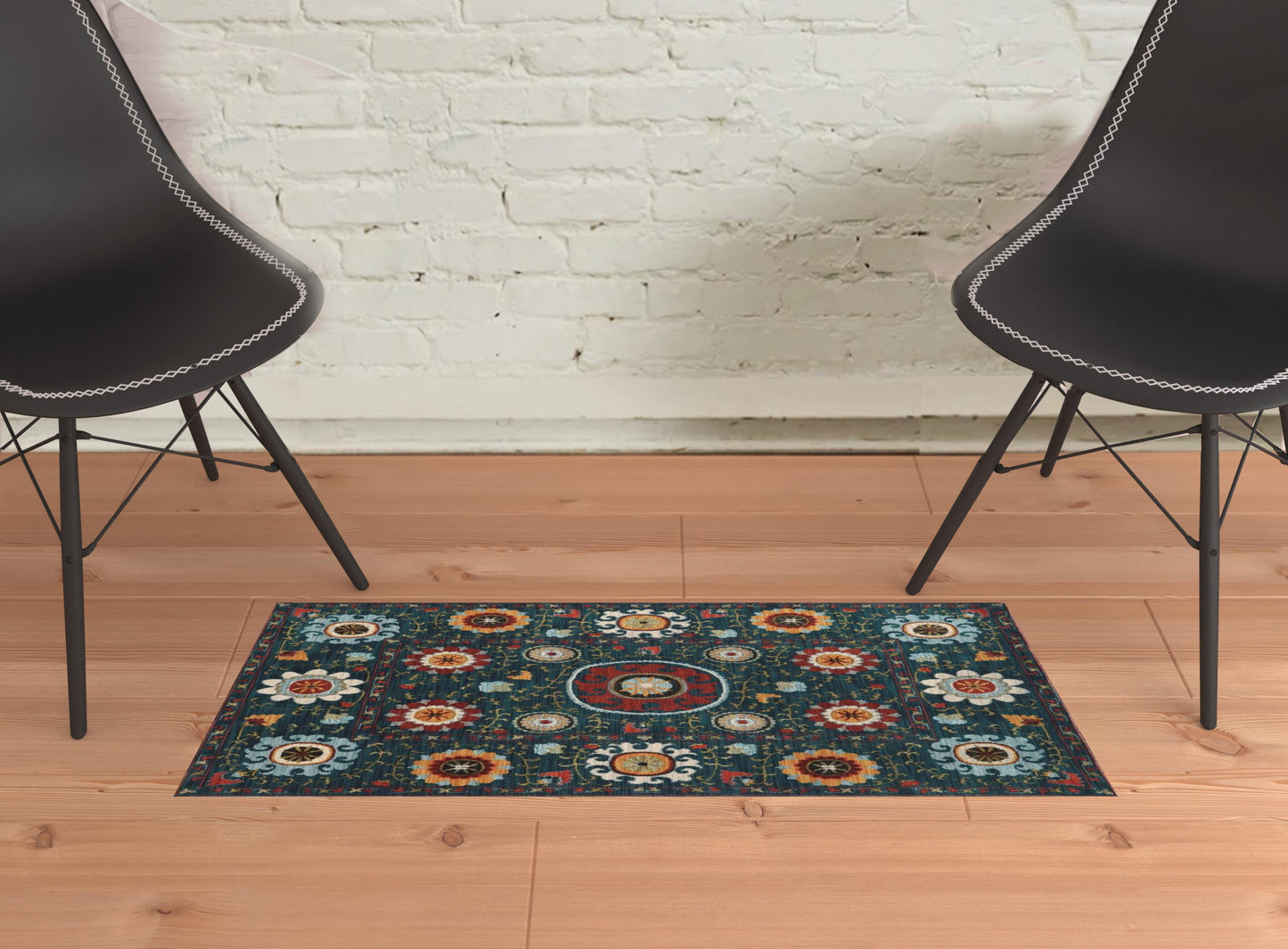 2' X 3' Teal Blue Rust Gold And Ivory Floral Power Loom Stain Resistant Area Rug