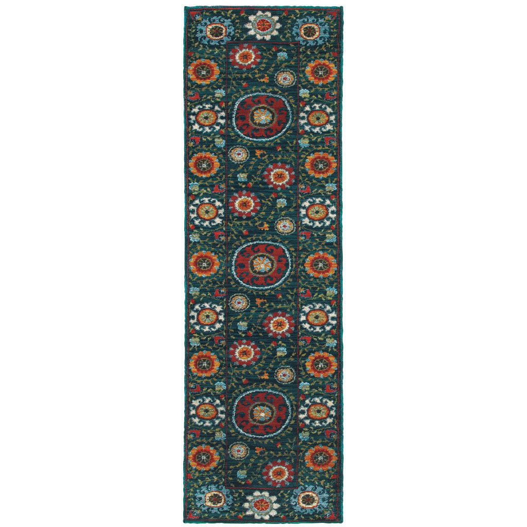 2' X 8' Teal Blue Rust Gold And Ivory Floral Power Loom Stain Resistant Runner Rug