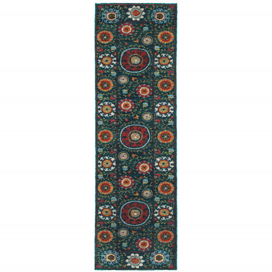 2' X 8' Teal Blue Rust Gold And Ivory Floral Power Loom Stain Resistant Runner Rug