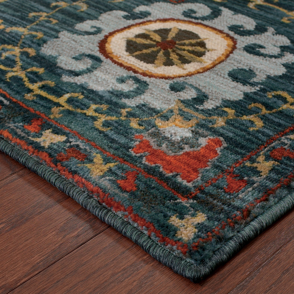 2' X 8' Teal Blue Rust Gold And Ivory Floral Power Loom Stain Resistant Runner Rug