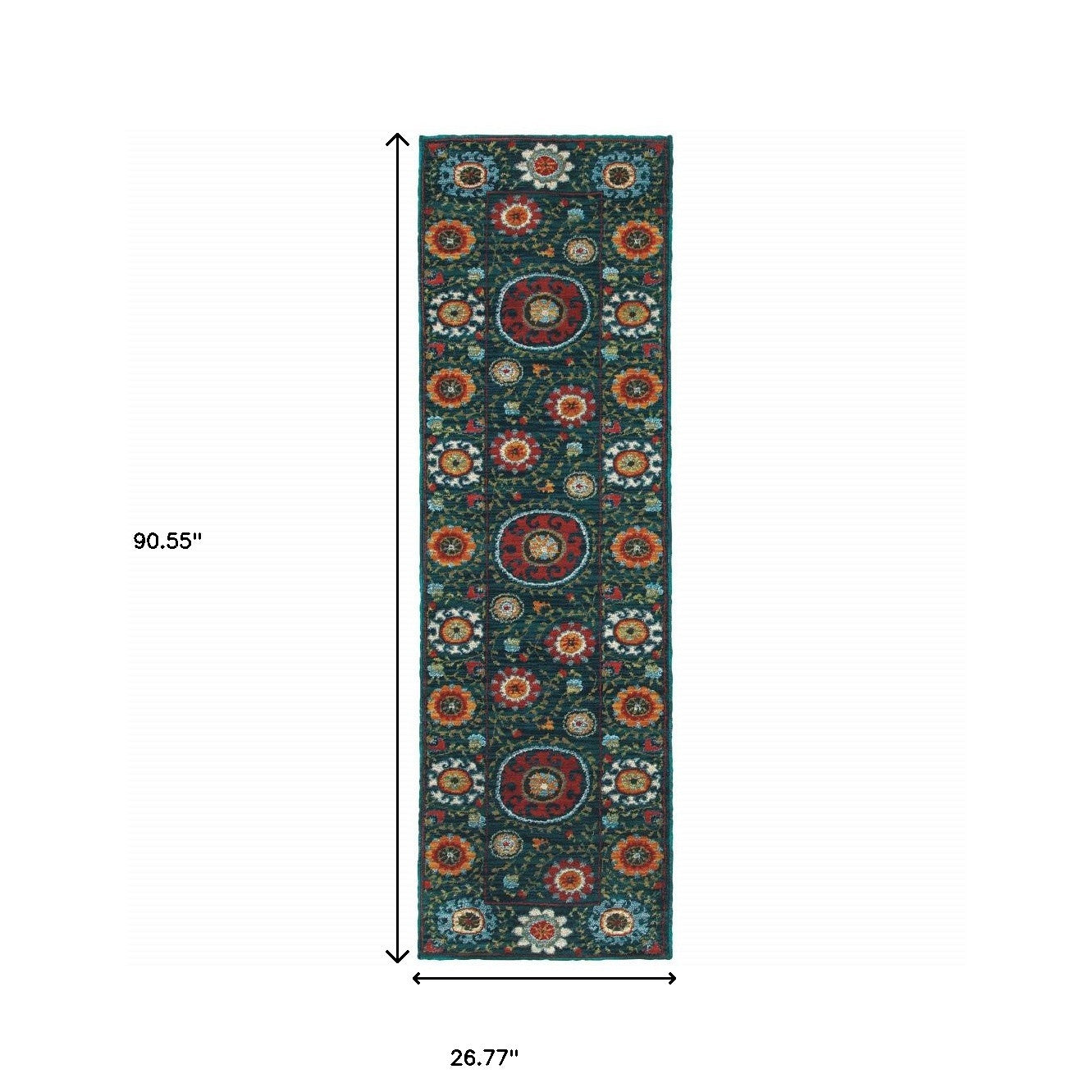 2' X 8' Teal Blue Rust Gold And Ivory Floral Power Loom Stain Resistant Runner Rug