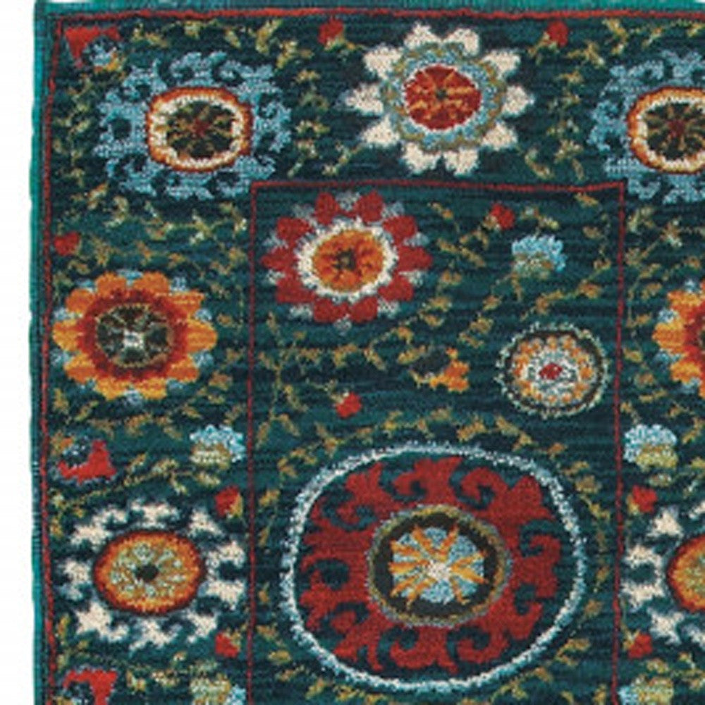 2' X 8' Teal Blue Rust Gold And Ivory Floral Power Loom Stain Resistant Runner Rug