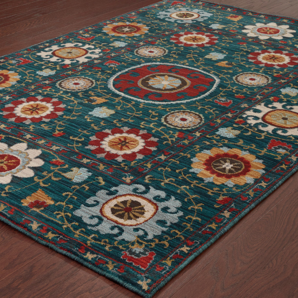 4' X 6' Teal Blue Rust Gold And Ivory Floral Power Loom Stain Resistant Area Rug