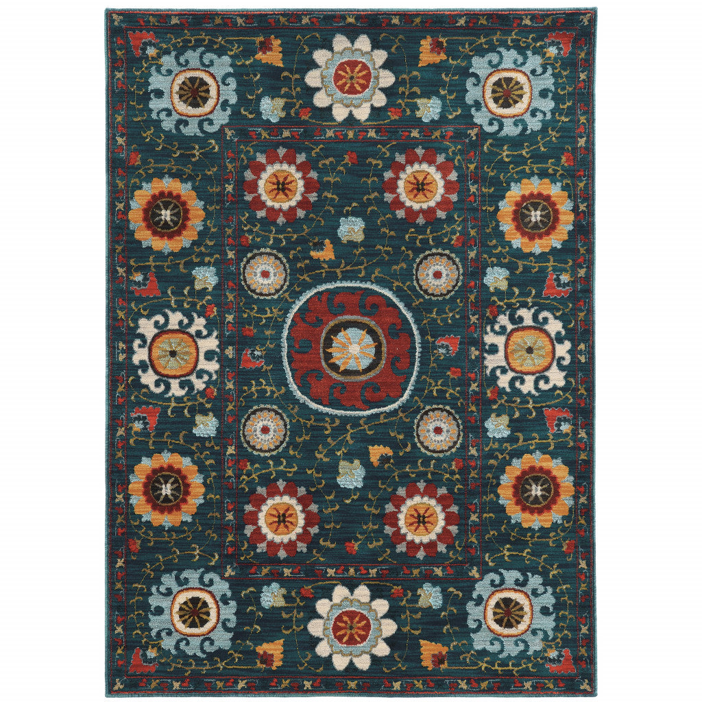 8' X 11' Teal Blue Rust Gold And Ivory Floral Power Loom Stain Resistant Area Rug