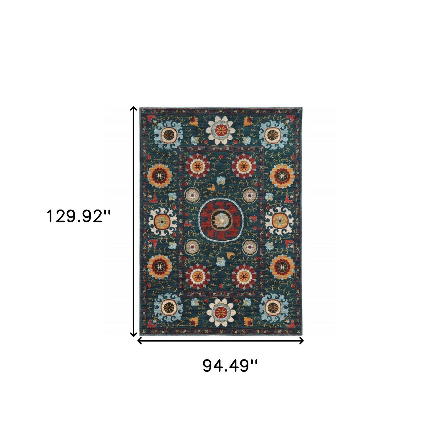 8' X 11' Teal Blue Rust Gold And Ivory Floral Power Loom Stain Resistant Area Rug