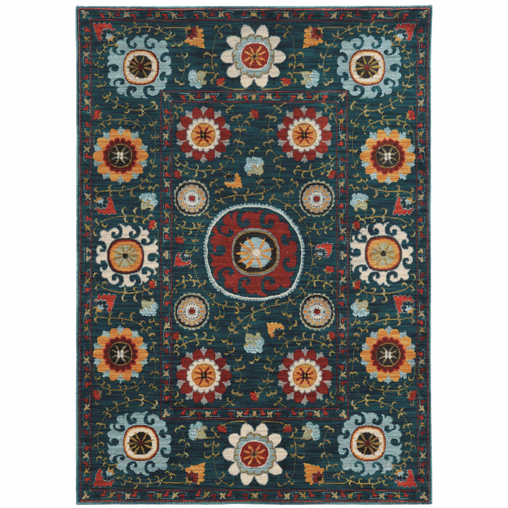 10' X 13' Teal Blue Rust Gold And Ivory Floral Power Loom Stain Resistant Area Rug