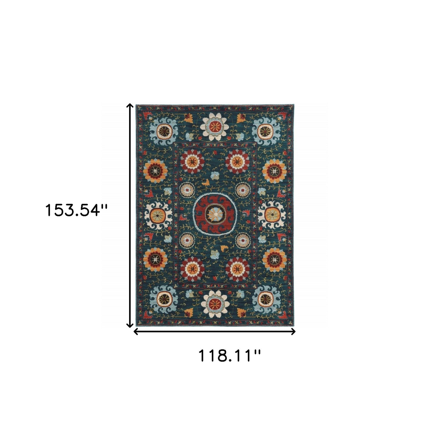 10' X 13' Teal Blue Rust Gold And Ivory Floral Power Loom Stain Resistant Area Rug
