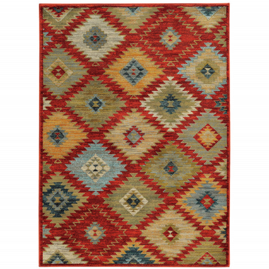 2' X 3' Red Green Gold Blue Teal And Ivory Geometric Power Loom Stain Resistant Area Rug