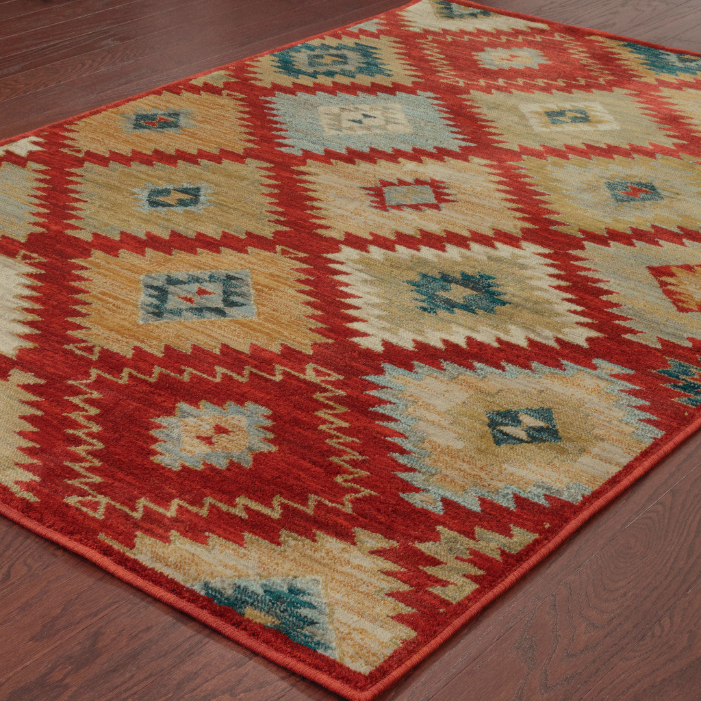 2' X 3' Red Green Gold Blue Teal And Ivory Geometric Power Loom Stain Resistant Area Rug