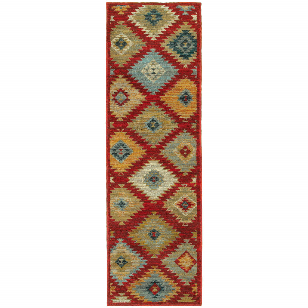 2' X 8' Red Green Gold Blue Teal And Ivory Geometric Power Loom Stain Resistant Runner Rug