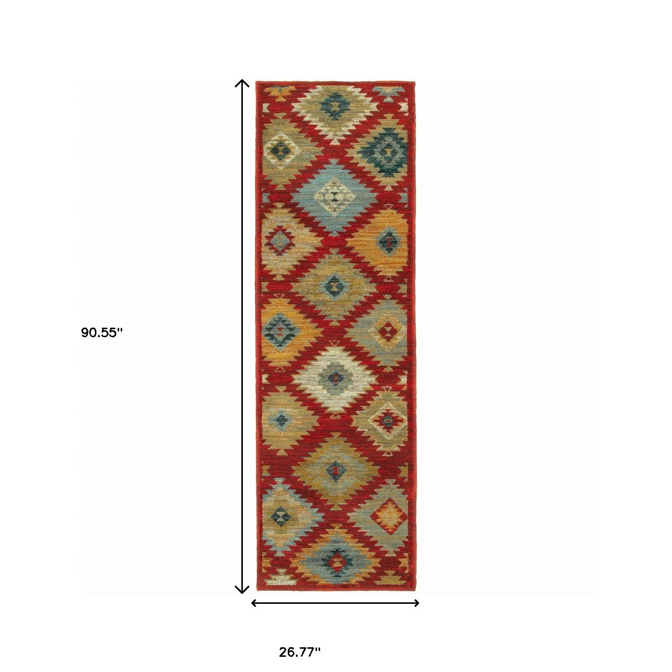 2' X 8' Red Green Gold Blue Teal And Ivory Geometric Power Loom Stain Resistant Runner Rug