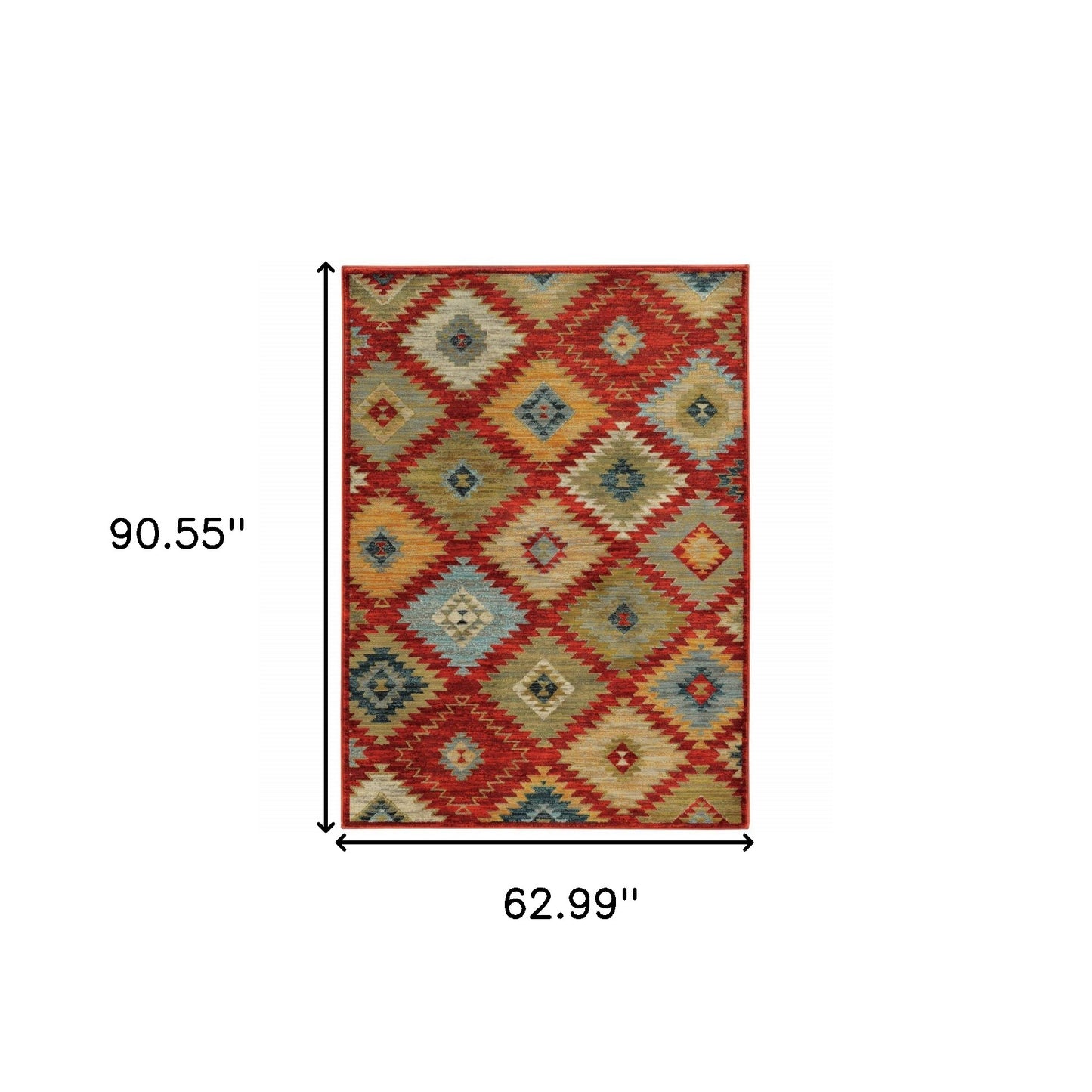 5' X 8' Red Green Gold Blue Teal And Ivory Geometric Power Loom Stain Resistant Area Rug