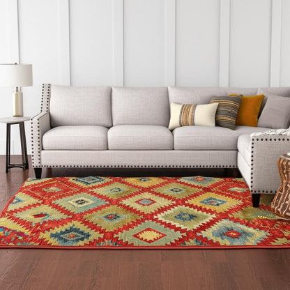 10' X 13' Red Green Gold Blue Teal And Ivory Geometric Power Loom Stain Resistant Area Rug