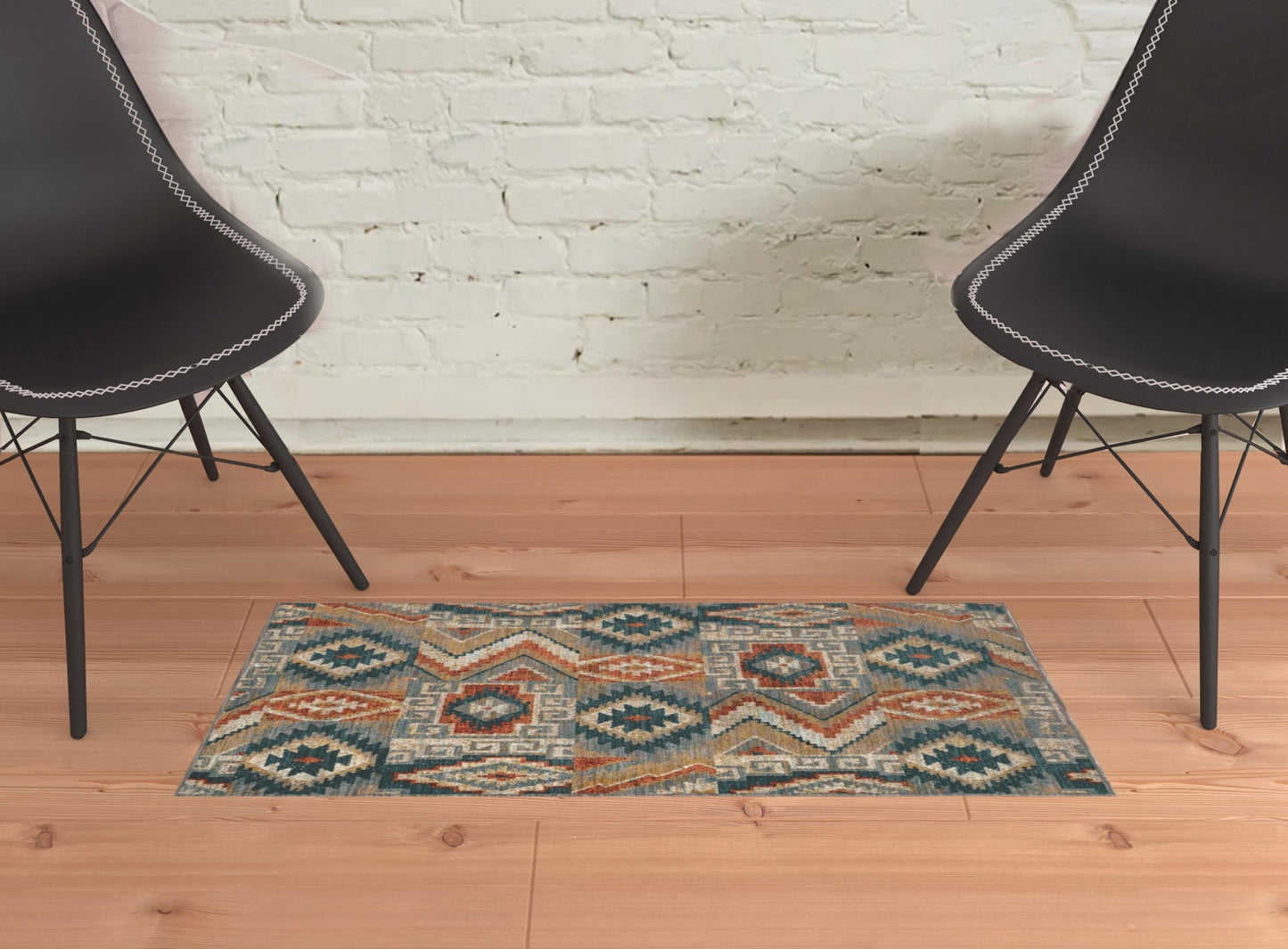 2' X 3' Blue Teal Grey Orange Gold Ivory And Rust Geometric Power Loom Stain Resistant Area Rug