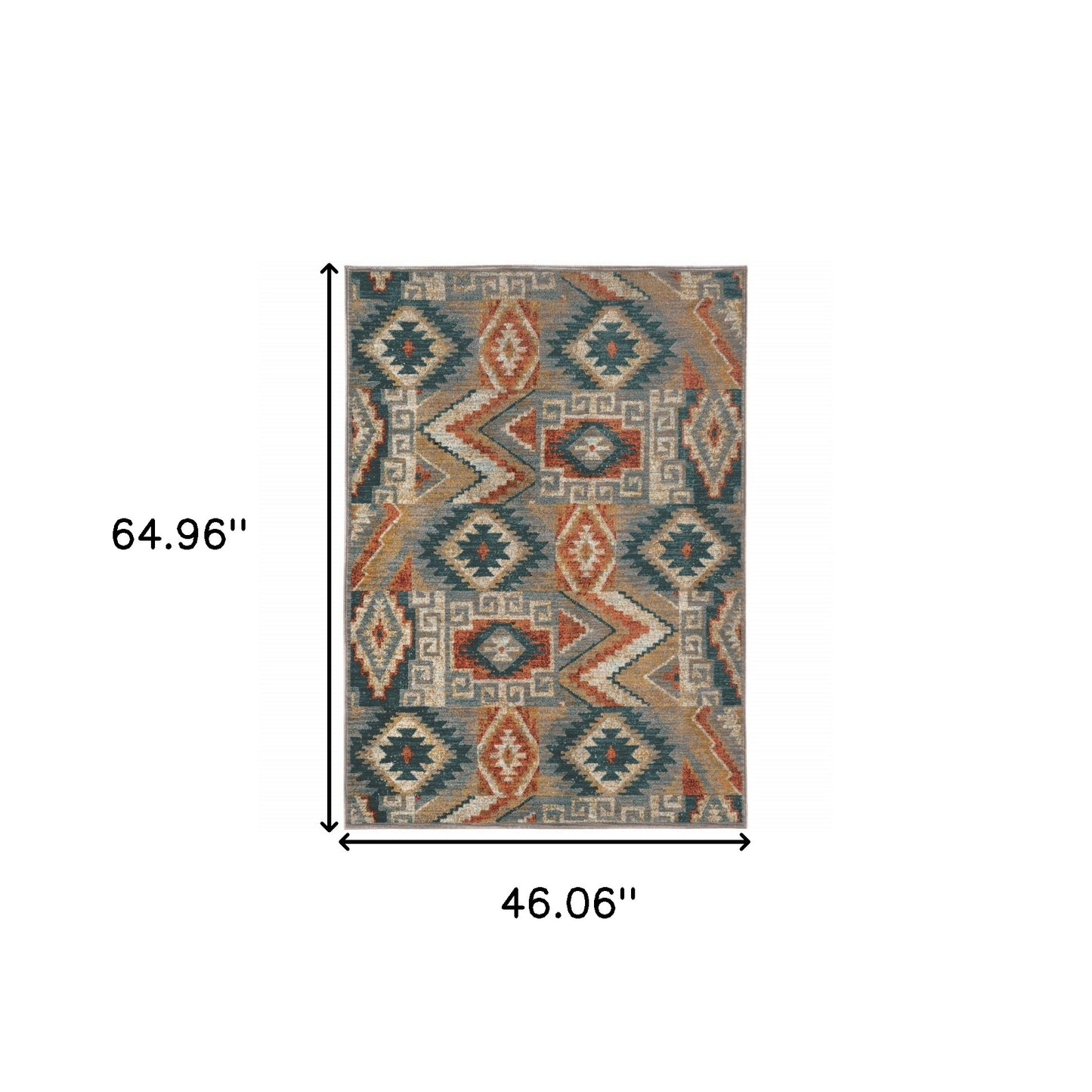 4' X 6' Blue Teal Grey Orange Gold Ivory And Rust Geometric Power Loom Stain Resistant Area Rug