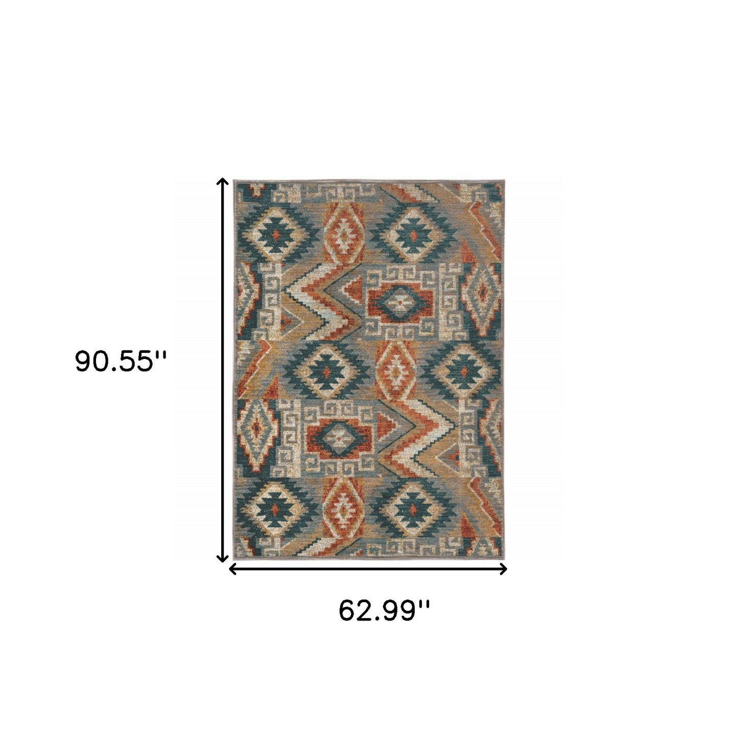 5' X 8' Blue Teal Grey Orange Gold Ivory And Rust Geometric Power Loom Stain Resistant Area Rug