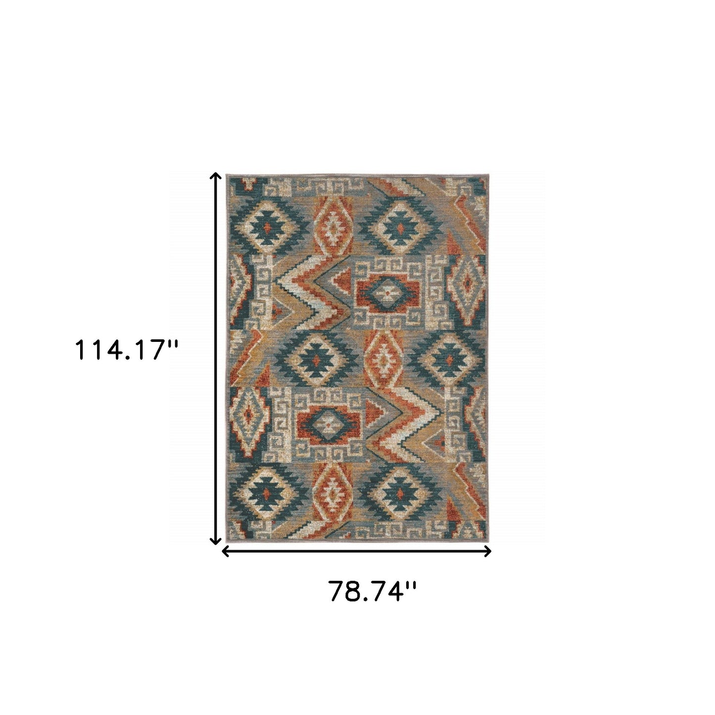 6' X 9' Blue Teal Grey Orange Gold Ivory And Rust Geometric Power Loom Stain Resistant Area Rug