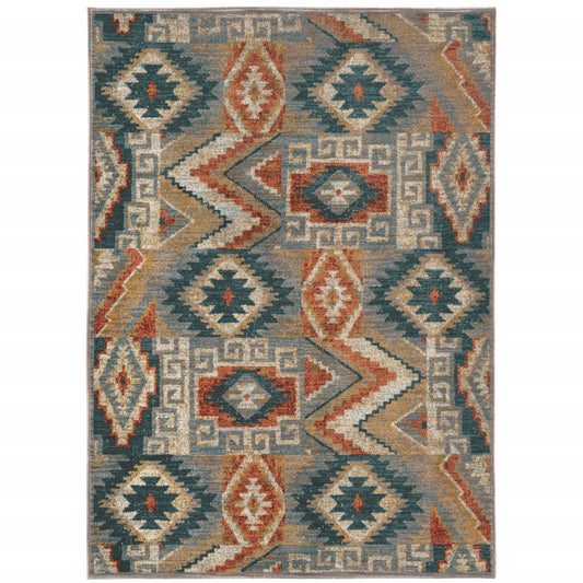 8' X 11' Blue Teal Grey Orange Gold Ivory And Rust Geometric Power Loom Stain Resistant Area Rug