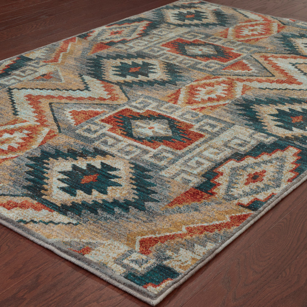 8' X 11' Blue Teal Grey Orange Gold Ivory And Rust Geometric Power Loom Stain Resistant Area Rug