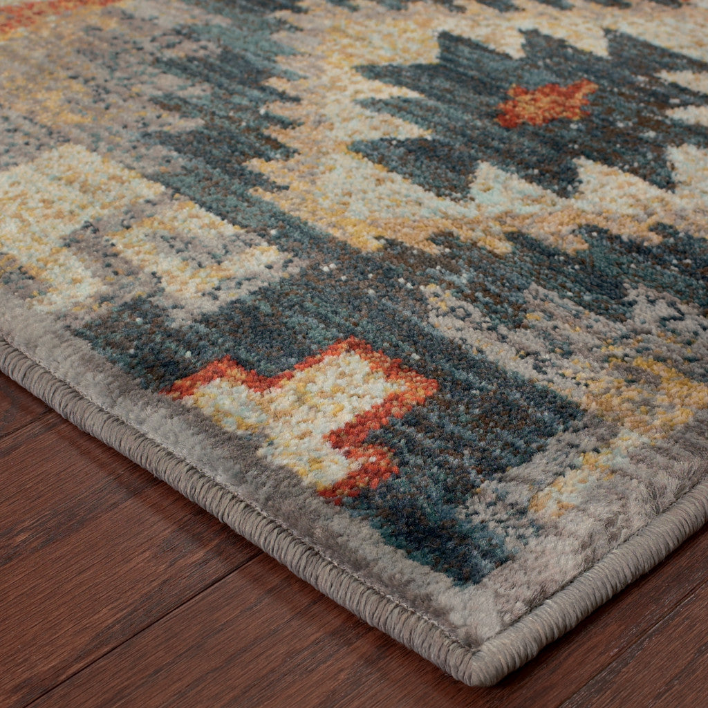 10' X 13' Blue Teal Grey Orange Gold Ivory And Rust Geometric Power Loom Stain Resistant Area Rug