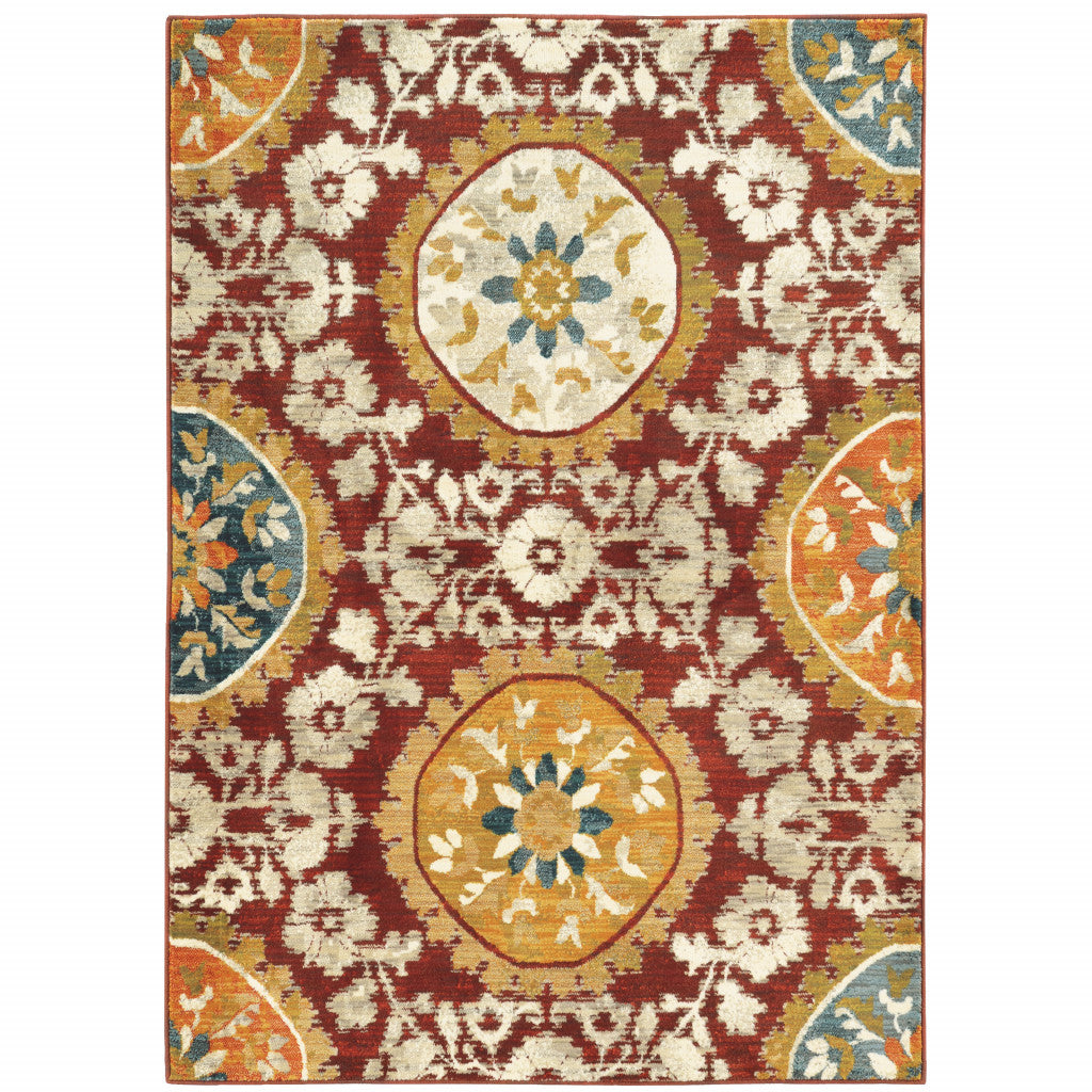 2' X 3' Red Gold Teal Grey Ivory And Blue Oriental Power Loom Stain Resistant Area Rug