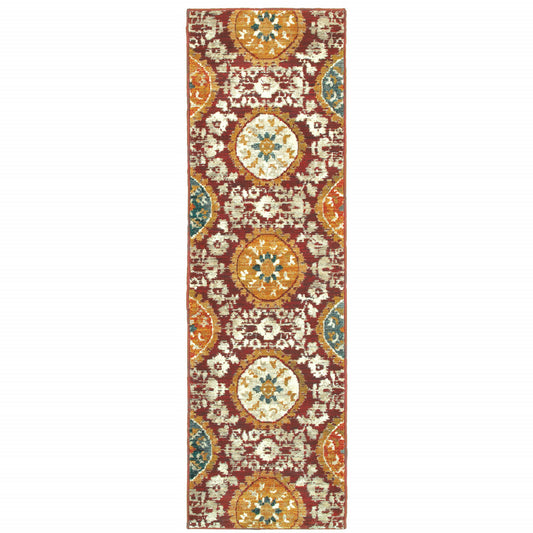 2' X 8' Red Gold Teal Grey Ivory And Blue Oriental Power Loom Stain Resistant Runner Rug