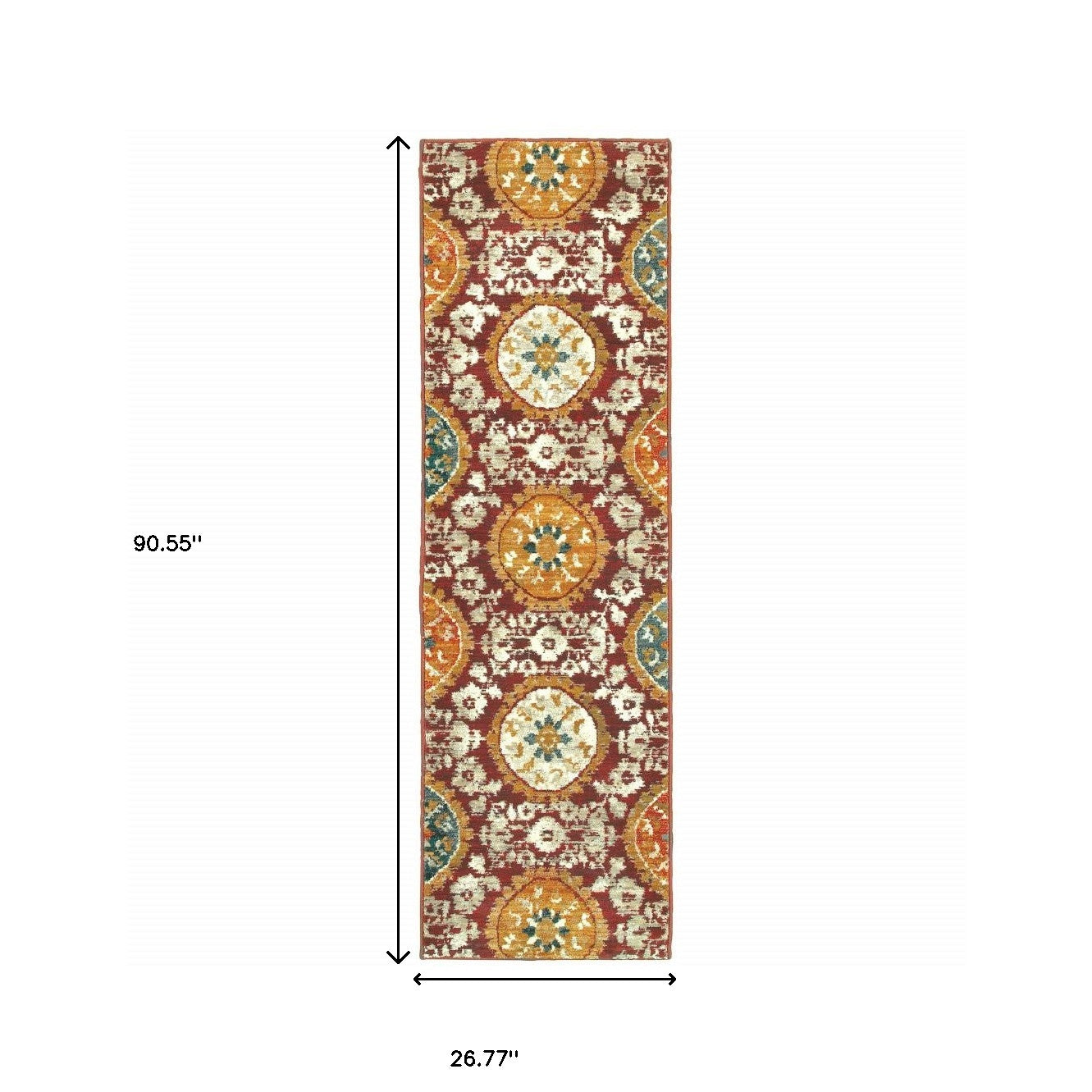 2' X 8' Red Gold Teal Grey Ivory And Blue Oriental Power Loom Stain Resistant Runner Rug