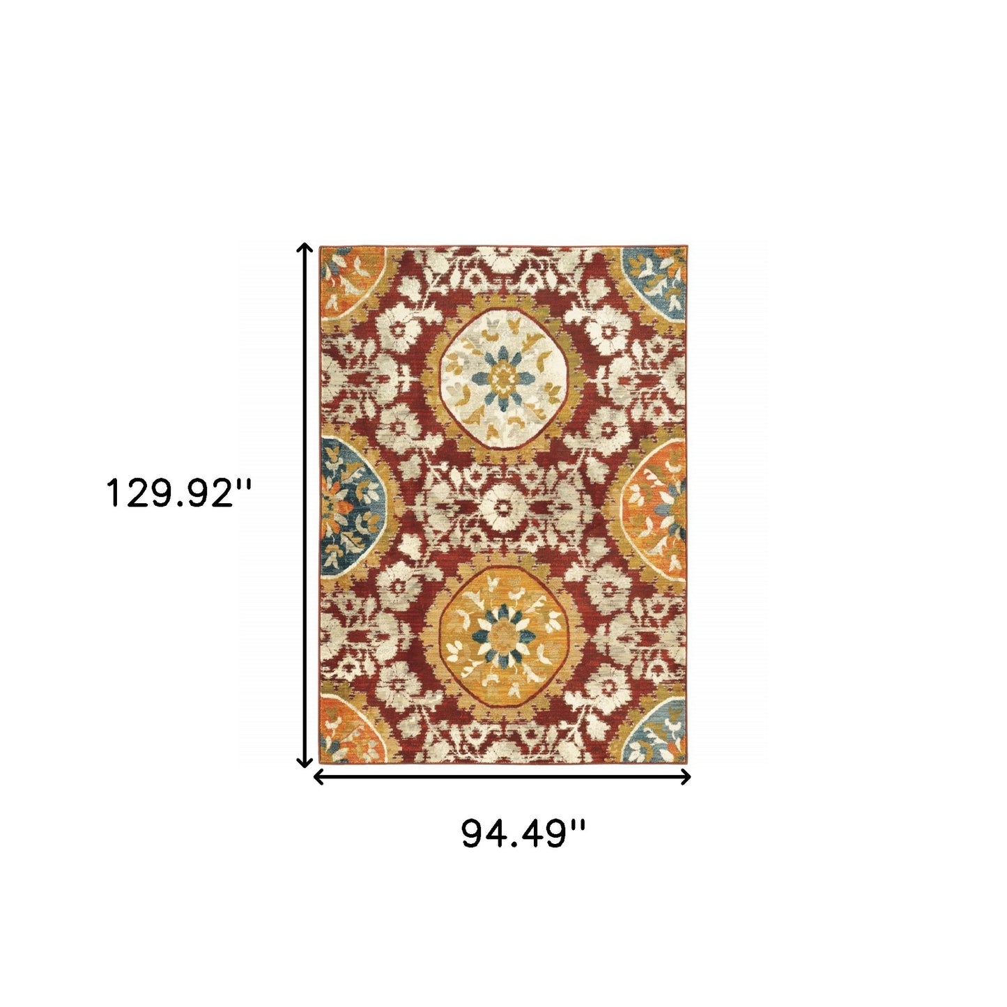 8' X 11' Red Gold Teal Grey Ivory And Blue Oriental Power Loom Stain Resistant Area Rug