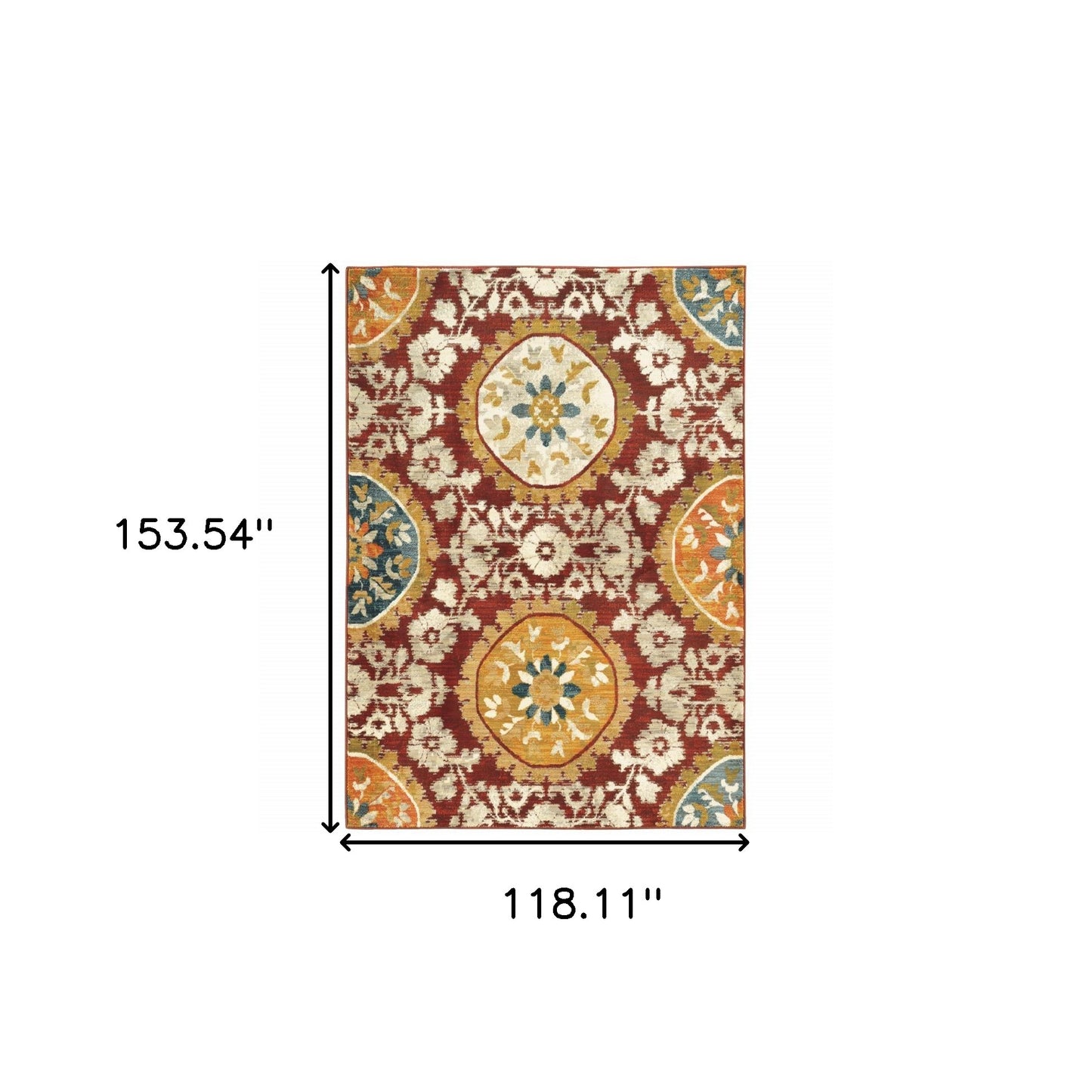 10' X 13' Red Gold Teal Grey Ivory And Blue Oriental Power Loom Stain Resistant Area Rug