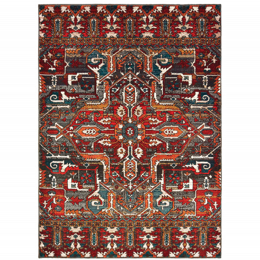 2' X 3' Red Orange Blue And Grey Southwestern Power Loom Stain Resistant Area Rug