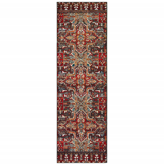 2' X 8' Red Orange Blue And Grey Southwestern Power Loom Stain Resistant Runner Rug