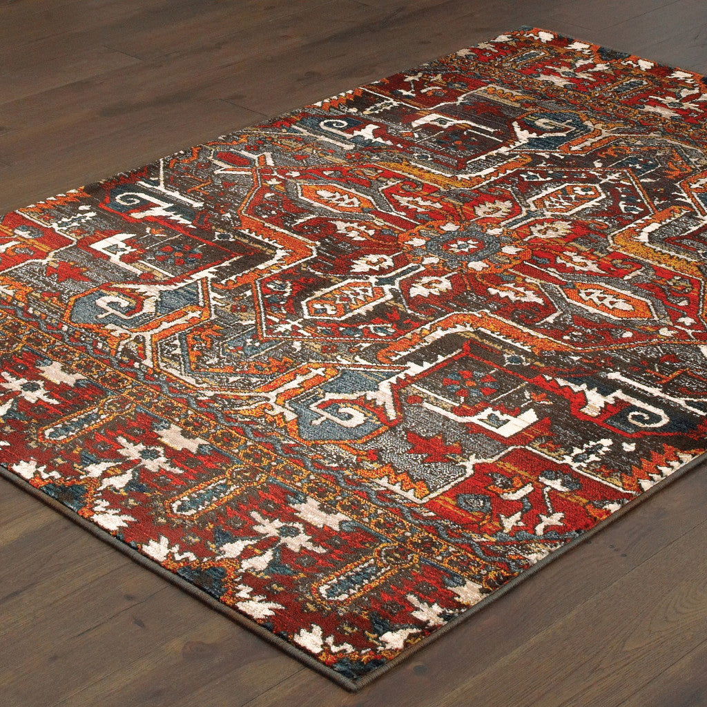 4' X 6' Red Orange Blue And Grey Southwestern Power Loom Stain Resistant Area Rug