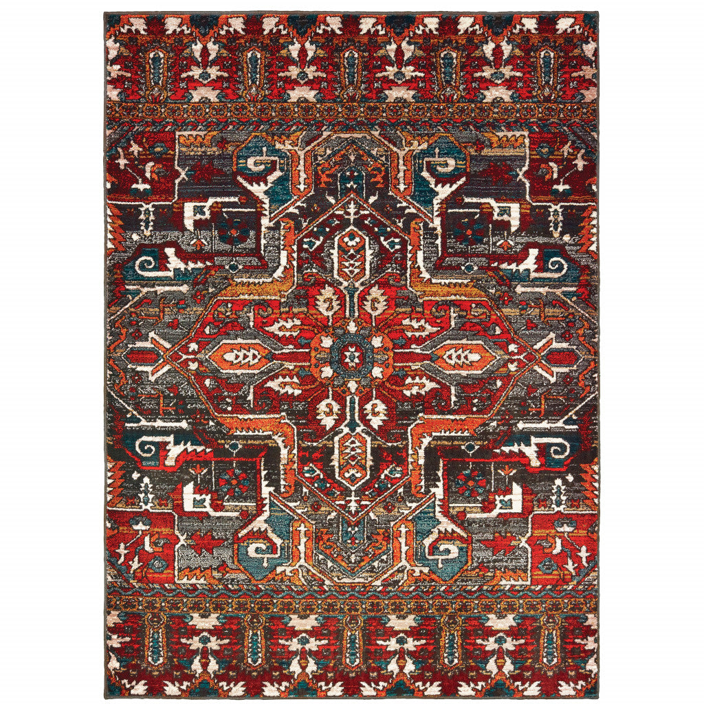 8' X 11' Red Orange Blue And Grey Southwestern Power Loom Stain Resistant Area Rug