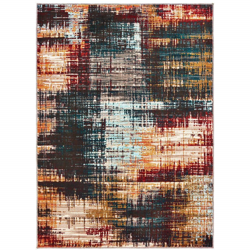 2' X 3' Blue Gold Red And Grey Abstract Power Loom Stain Resistant Area Rug