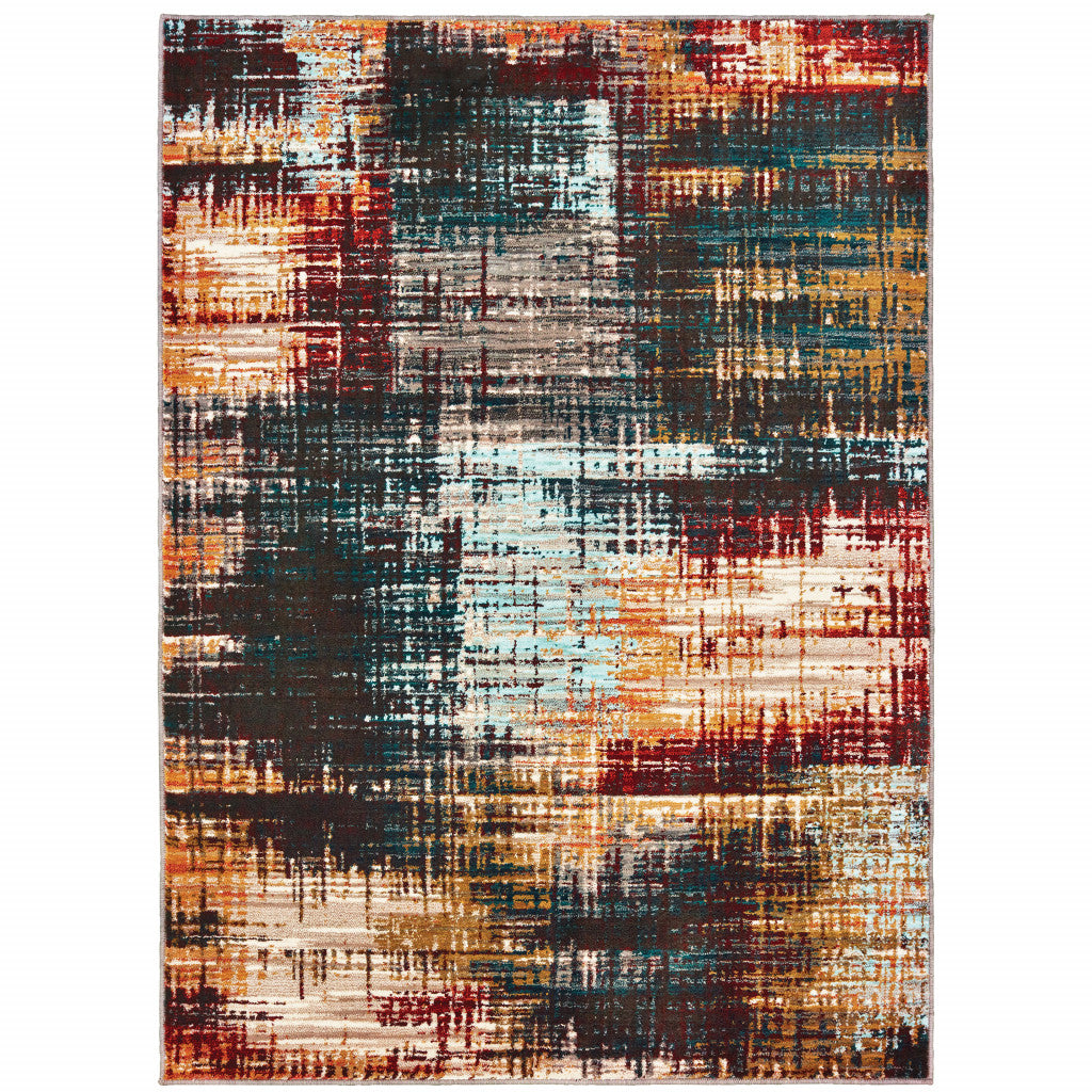 4' X 6' Blue Gold Red And Grey Abstract Power Loom Stain Resistant Area Rug