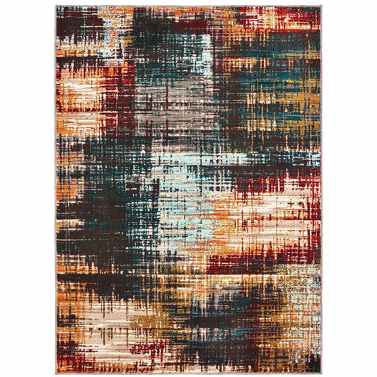 5' X 8' Blue Gold Red And Grey Abstract Power Loom Stain Resistant Area Rug