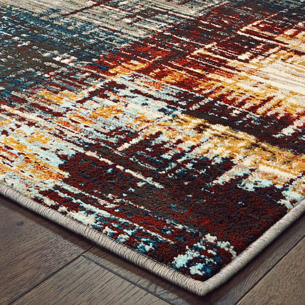 6' X 9' Blue Gold Red And Grey Abstract Power Loom Stain Resistant Area Rug